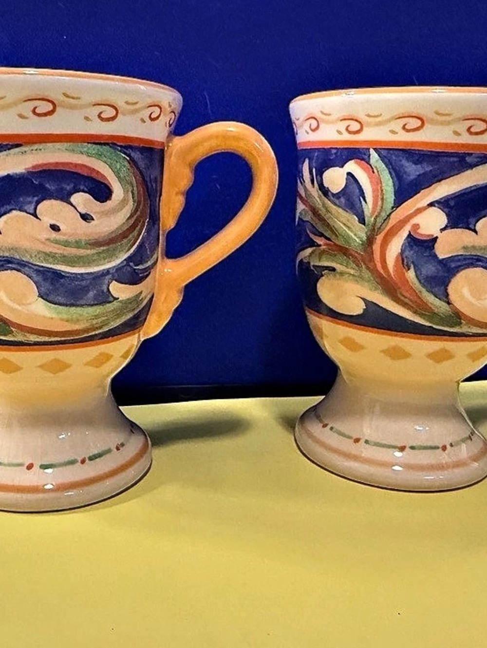 Pfaltzgraff Villa Della Luna Pedestal Mug Mugs Orange & Blue Set of 2